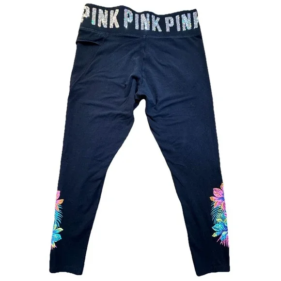 VS PINK Hibiscus Bling Yoga Leggings Wmns L Sequin Activewear Blk/Pink Y2K - Picture 4 of 6